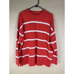 Aerie Striped Oversized Crewneck Knit Sweater Large Red White Holiday Sweater